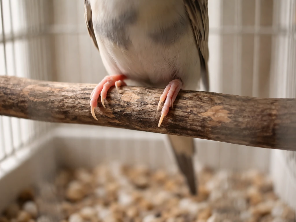Small pet bird gripping an uneven perch inside a quiet cage, showing slight slipping risk and balance