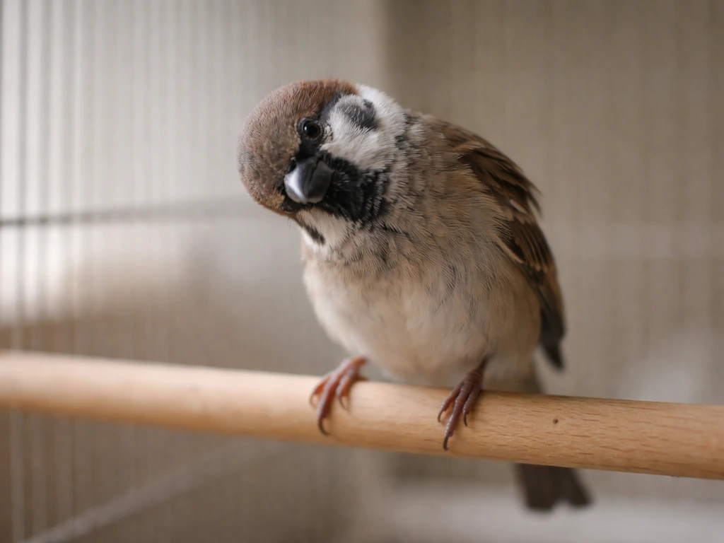 Small bird perched with a noticeable head tilt to one side, suggesting balance disruption in a simple indoor setting.