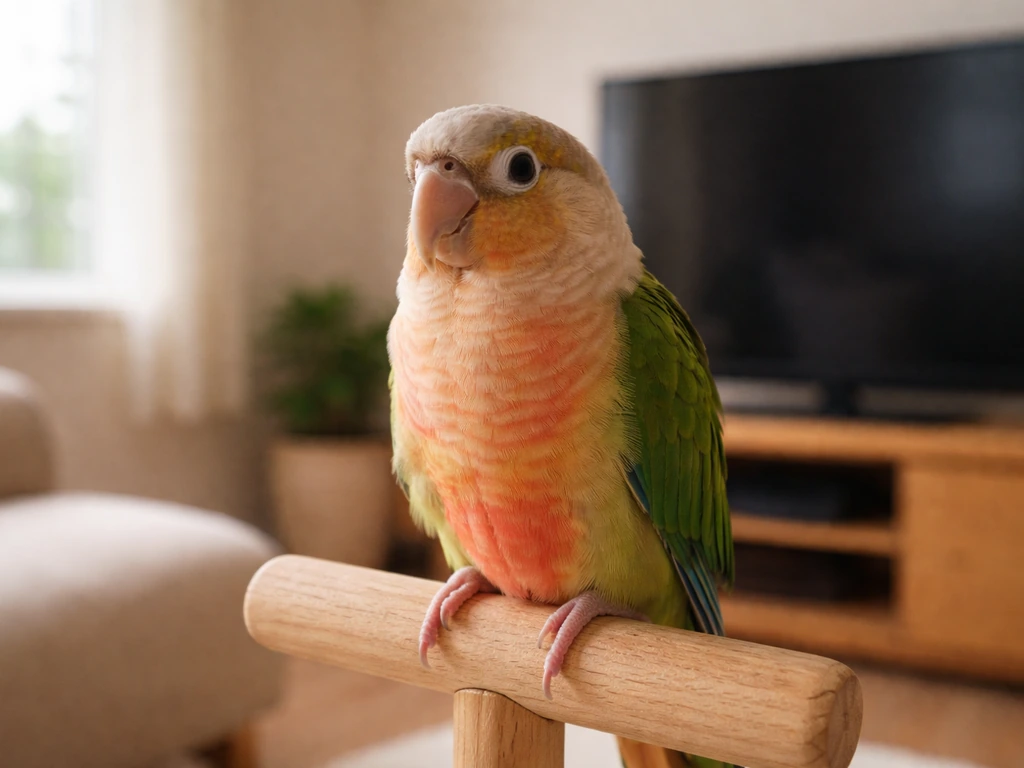 A calm pet parrot perched near a TV in a clean, bird-safe living room setup.