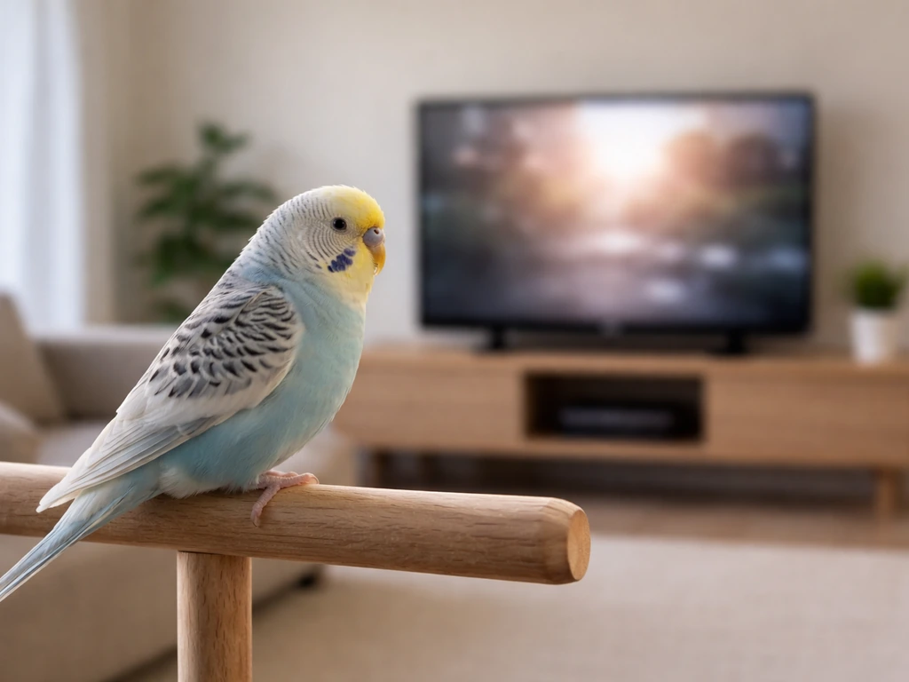 Calm pet bird perched near a softly lit living-room TV in the background