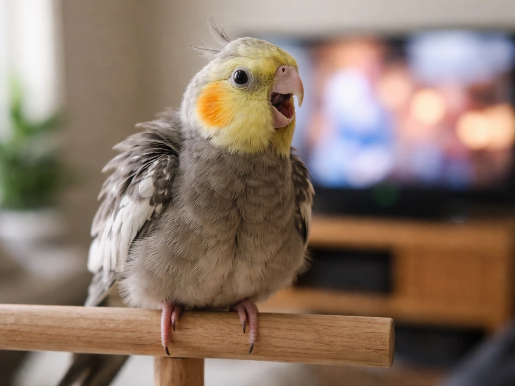 Close-up of a stressed bird with alert posture, softly blurred TV light in the background