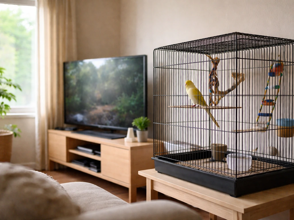 Bird cage placed to the side of a TV, not directly in front, with a small bird perched safely.