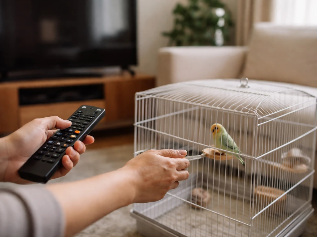 Owner gently lowers TV volume and moves a bird cage farther from the screen to reduce stress