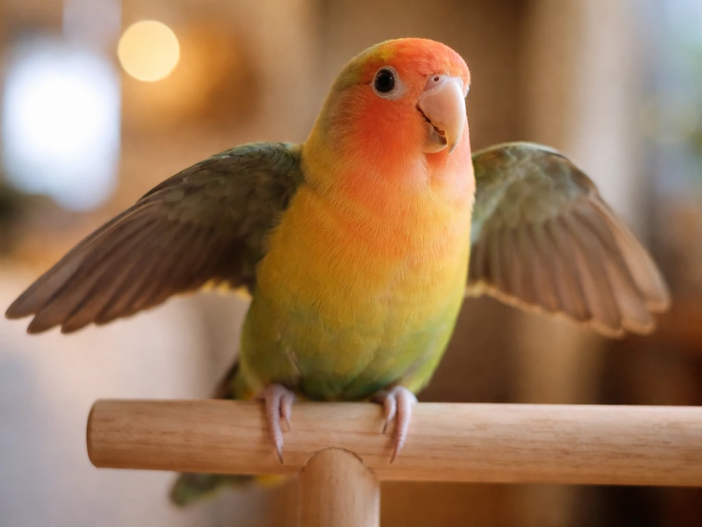 Close-up of a colorful pet bird perched with wings slightly open in a calm, alert posture