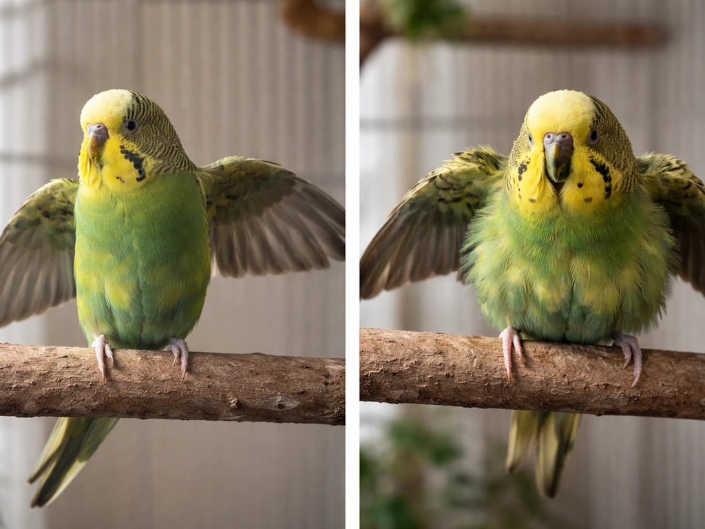 Two small birds side-by-side: one relaxed wing stretch, the other fluffed feathers with open beak.