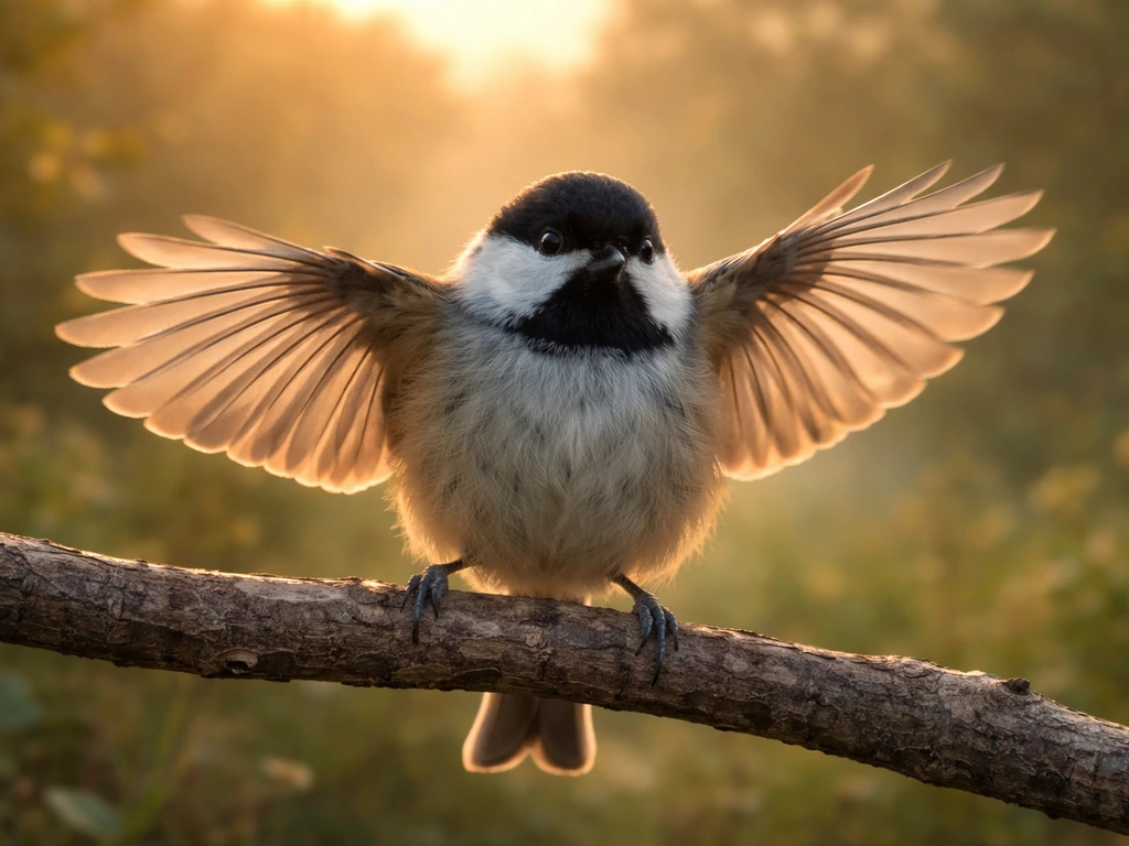 A small bird perched on a branch, stretching with wings extended outward in the morning light.