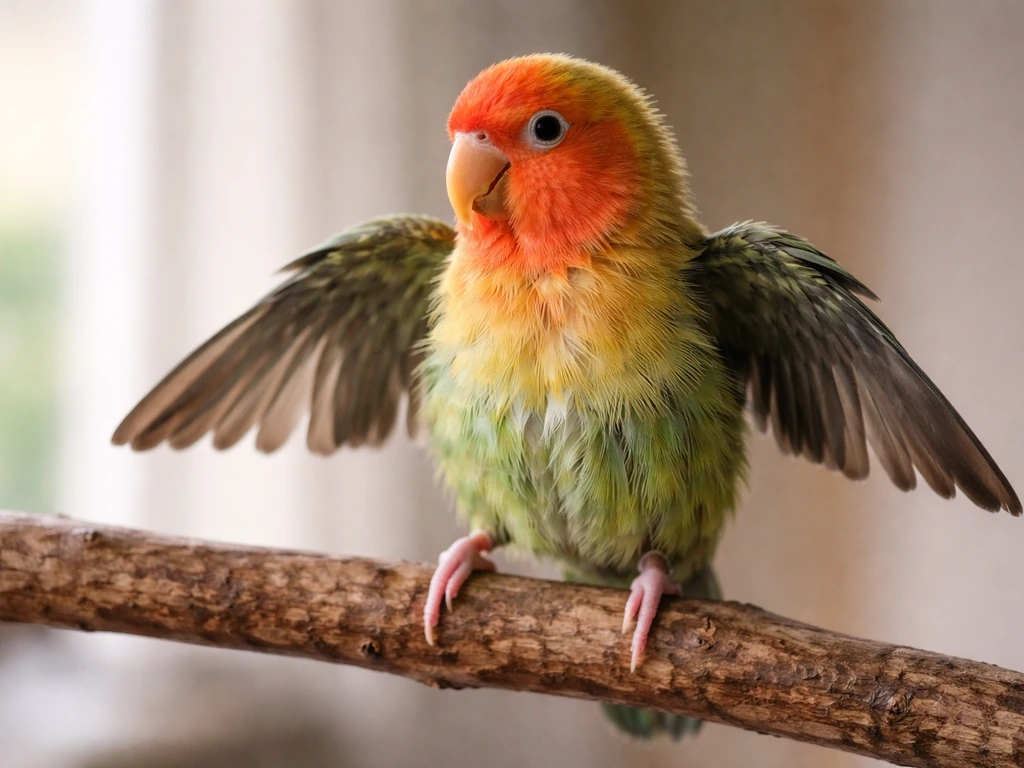 Colorful bird perched on a branch with wings held out, drying off after a bath.