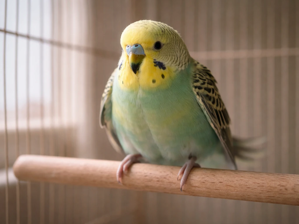 Small pet bird perched with wings held slightly out, open-mouth breathing and tail bobbing, showing breathing distress