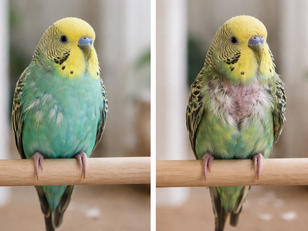 Close-up of a pet bird during normal molt beside a second bird showing patchy abnormal feather loss