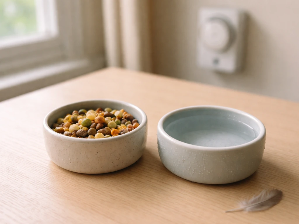 Close-up of a bird’s food and water bowls with a softly lit window and light-timer in the background.