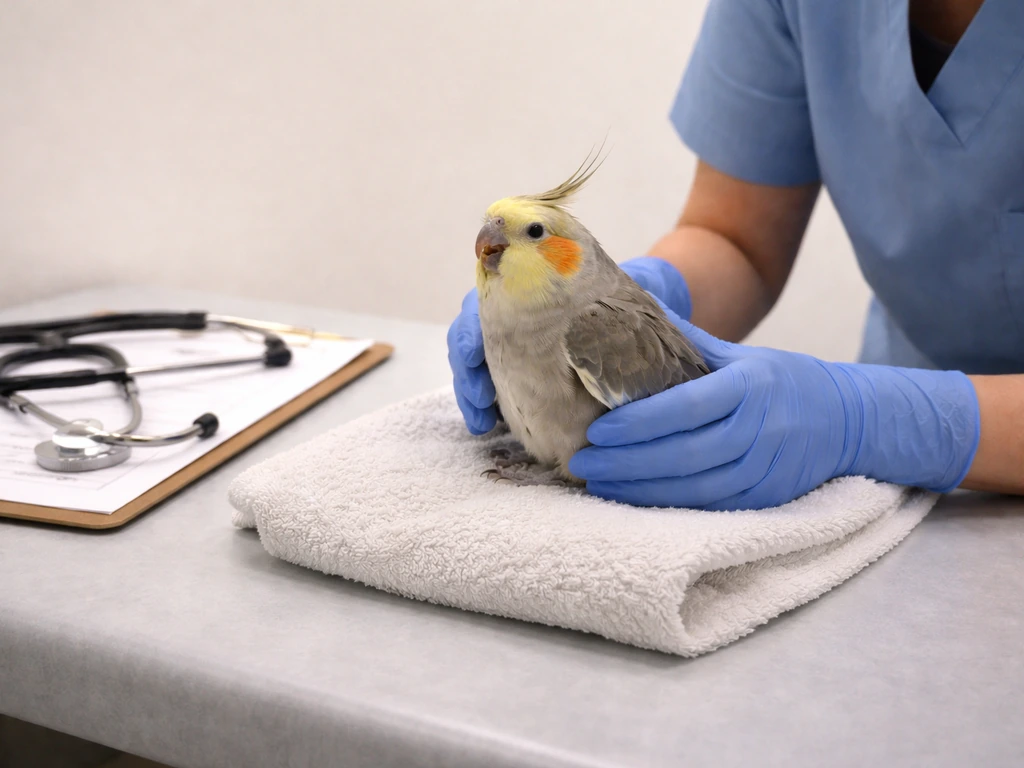 Avian vet gently examines a fluffed pet bird on an exam table with a blank clipboard nearby.