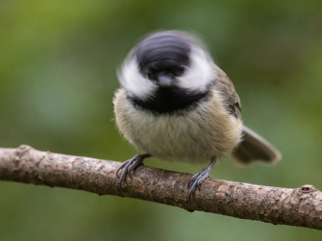 A small bird crouches on a branch with wide eyes and slight head-bobbing motion blur.