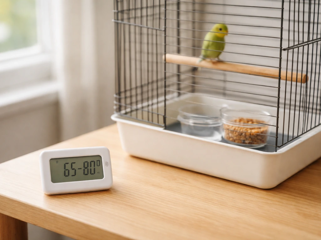 Minimal home bird-care scene with cage setup, water and food bowls, and a thermometer near the target range.