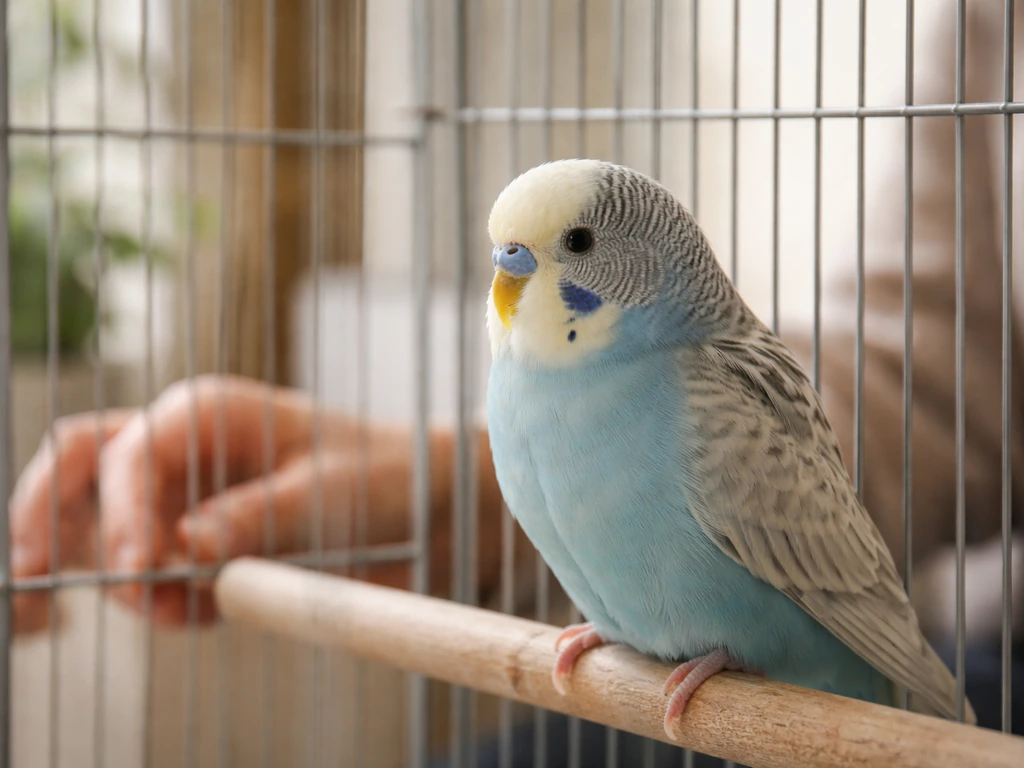 Calm pet bird perched inside a cage while a quiet owner watches nearby