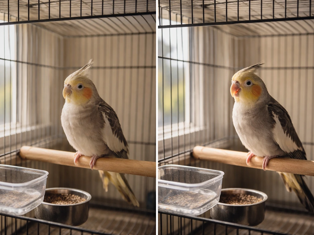 Two side-by-side cage scenes: a quiet calm cockatiel versus a more alert, vocal-looking one.
