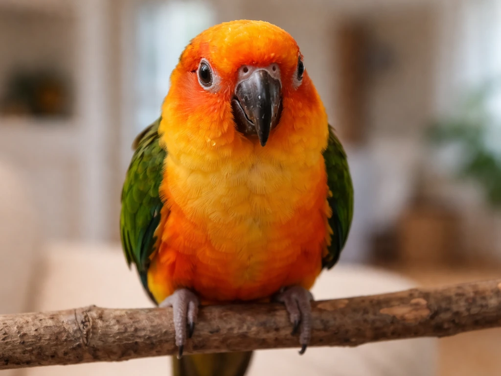 Close-up of a conure on a wooden perch showing subtle breathing discomfort with slightly flared nostrils.