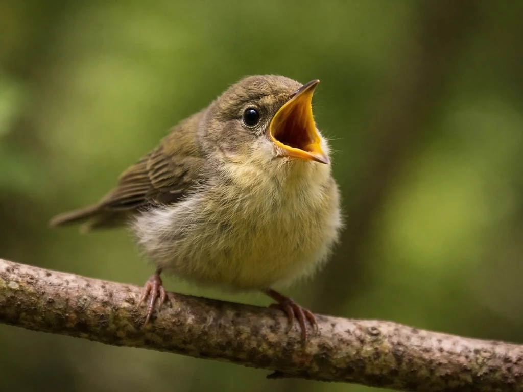 Close-up of a small bird perched and leaning forward with its beak wide open in begging posture.