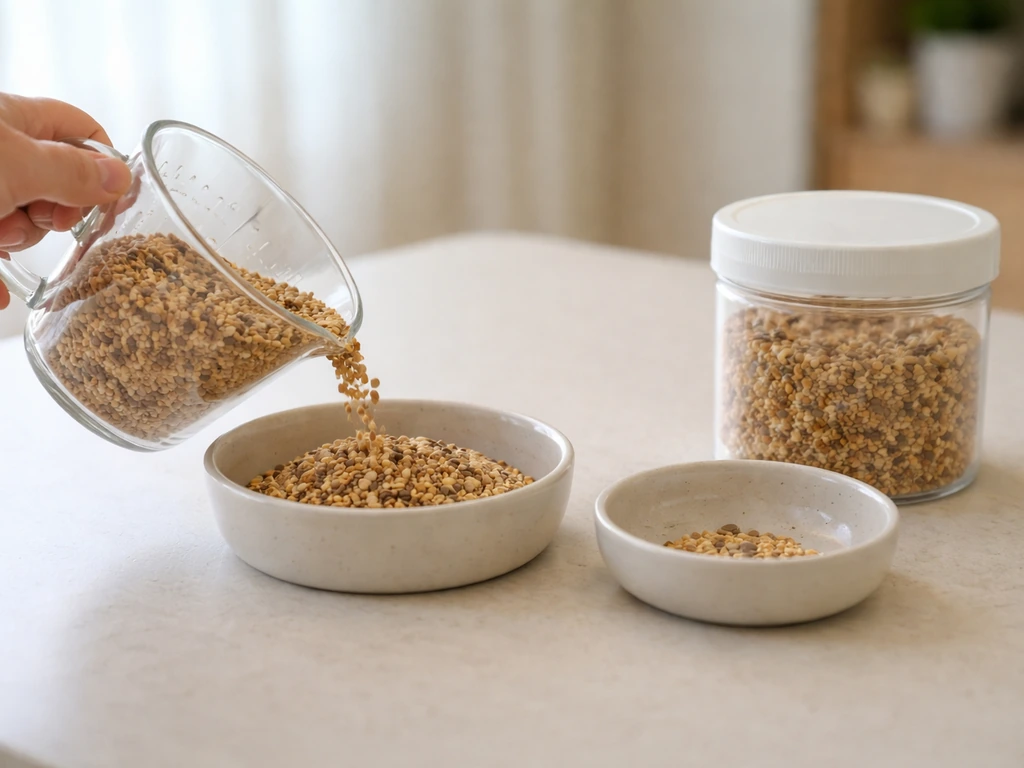 Measured birdseed poured into a dish, with leftover seeds in a second bowl for later comparison.