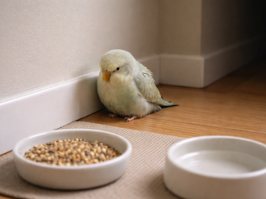 Unwell, lethargic pet bird perched beside an untouched bowl of seed, suggesting it needs an avian vet.