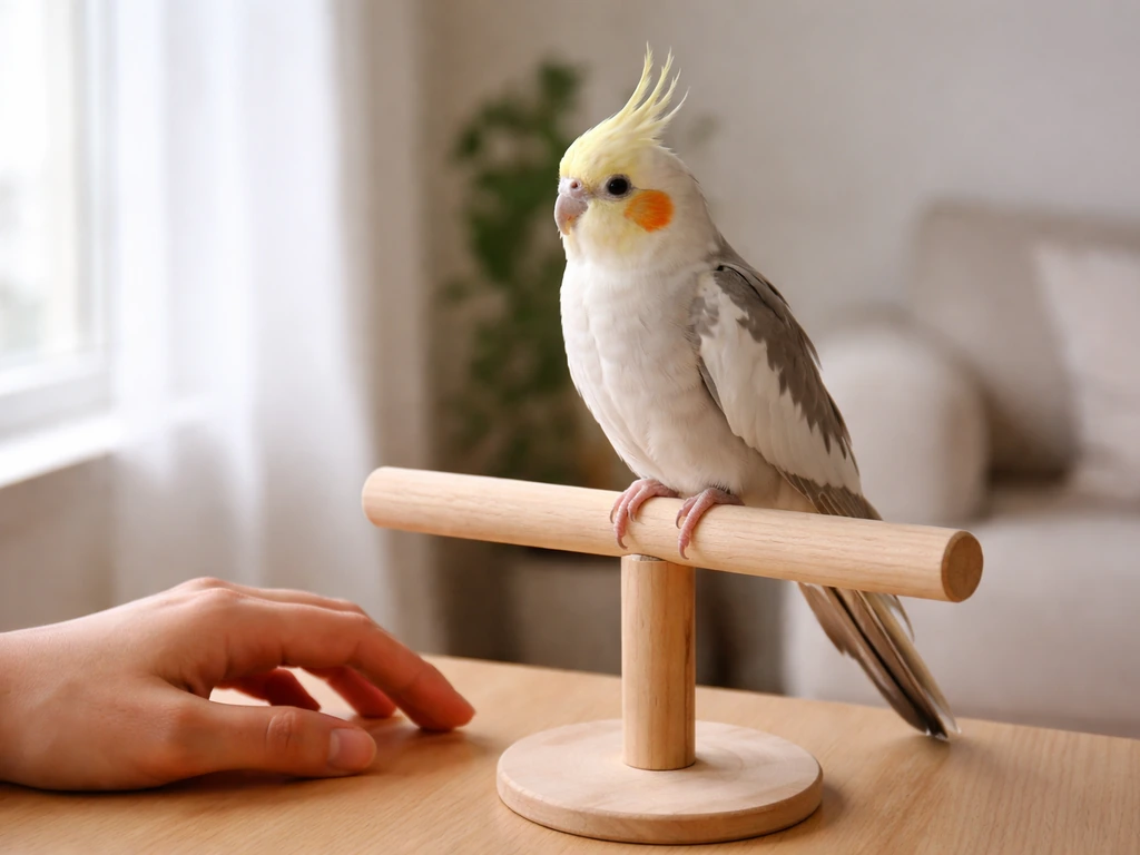 A pet bird calmly perched near its owner’s hand, indoors in soft natural light.