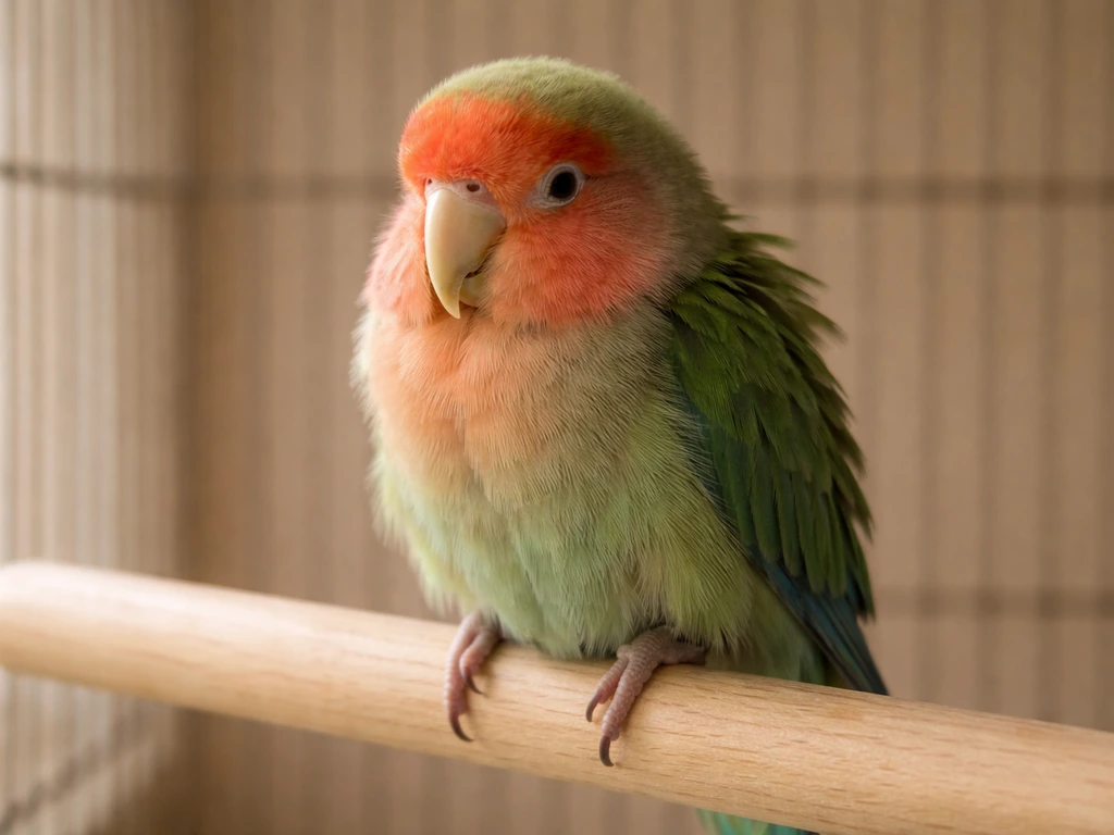 A small lovebird with fluffed, ruffled feathers perched quietly, looking unwell in a calm indoor setting