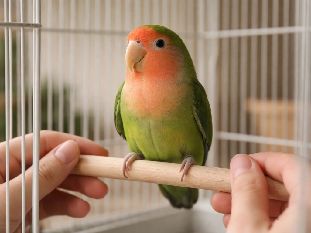 Caretaker gently observing a small lovebird in a calm, quiet home setting