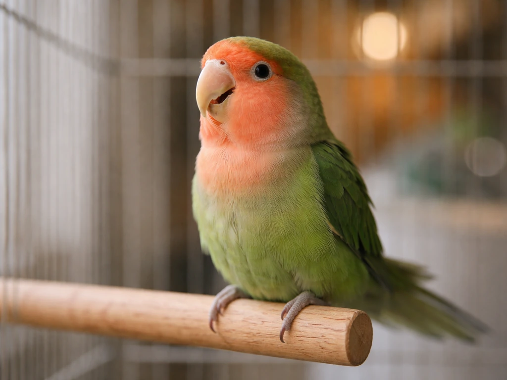 Close-up of a lovebird on a perch showing open-mouth breathing and gentle tail bobbing.