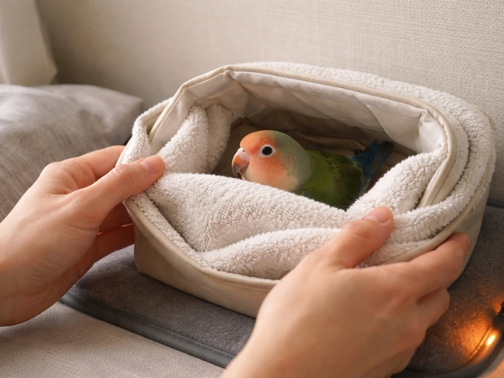 Hands gently place a lovebird on a warm towel-lined carrier in a draft-free, quiet setup.