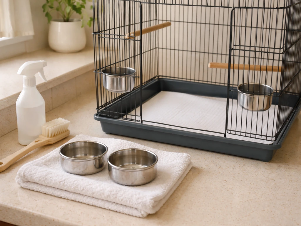 Clean bird cage with fresh liner and rinsed stainless food and water bowls ready for daily hygiene