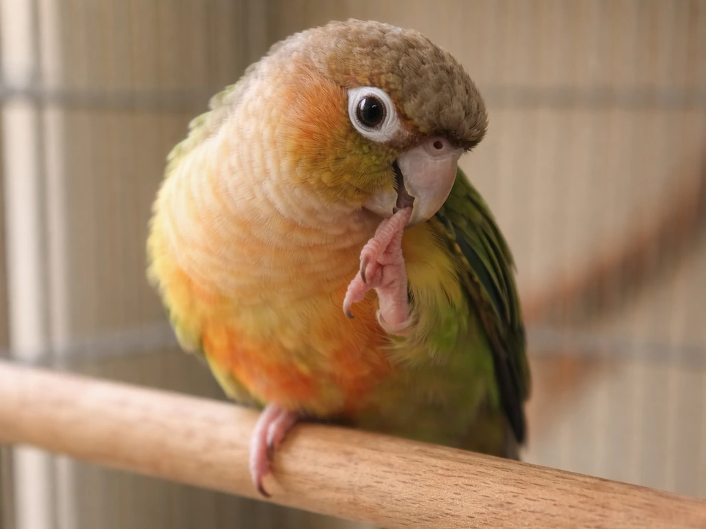 Close-up of a pet bird perched with one leg slightly lifted, nibbling or grooming itself