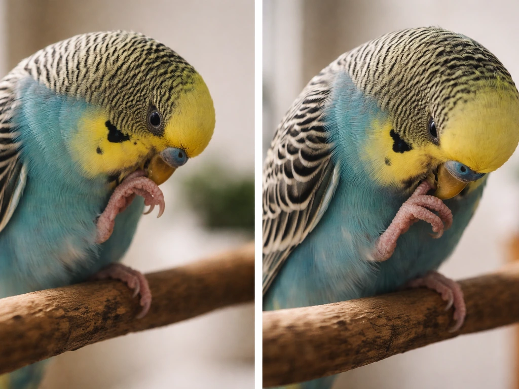 Two-panel photo: a parakeet gently preening its leg vs beak pressed to one spot intensely on the foot.