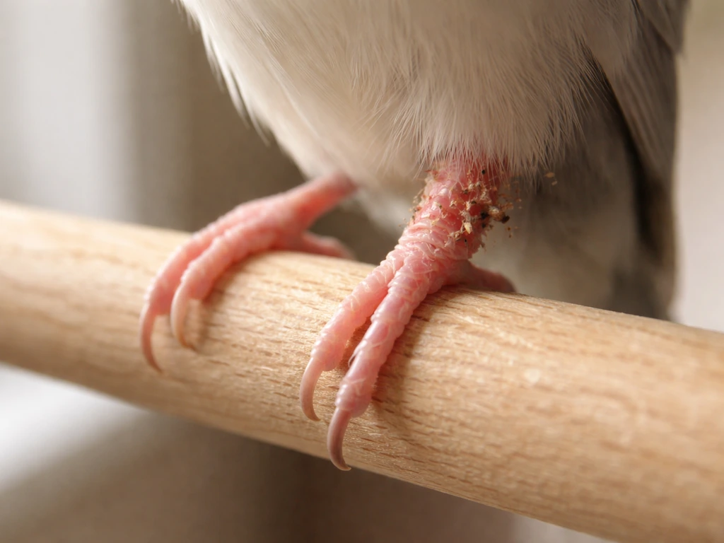 Close-up of an irritated bird leg with small crusty specks on a clean wooden perch.