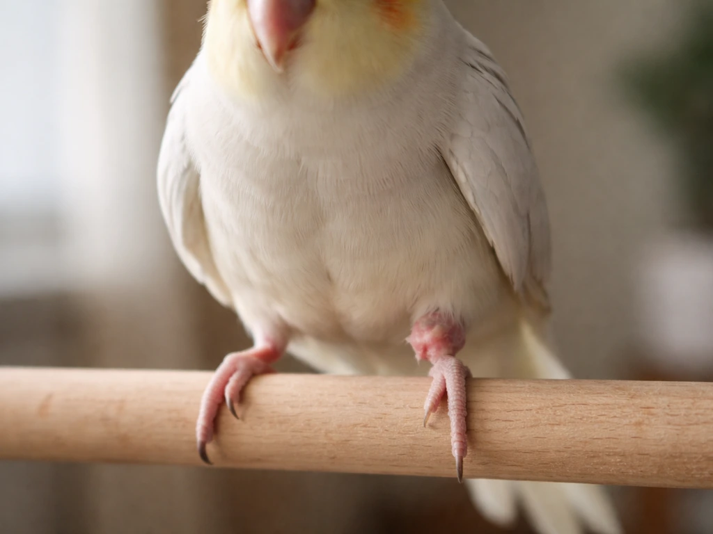 Close-up of a small pet bird’s hock/knee area showing uneven weight bearing on one leg.
