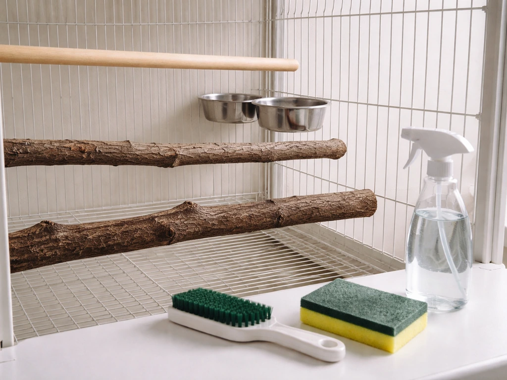 Clean bird cage with three natural perches of different sizes and bird-safe cleaning tools nearby.
