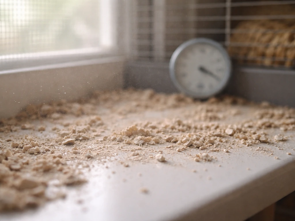 Close-up of dusty cage bedding with visible dust motes and a small hygrometer in soft focus.