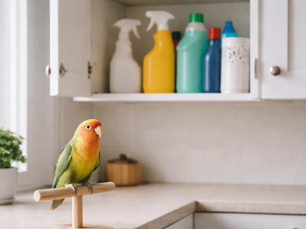 Small pet bird perched safely away from cleaning sprays and air freshener, clear out-of-reach area