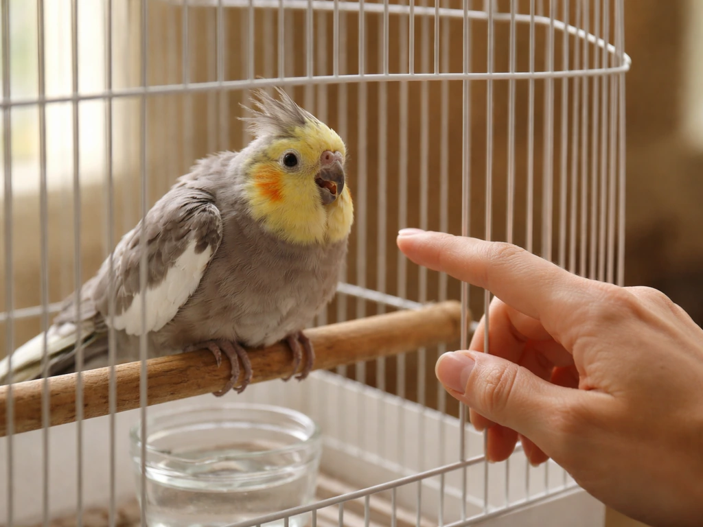 A bird owner gently checks a distressed pet bird inside its cage in a quiet, home setting.