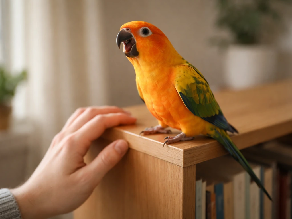 Owner calmly watches a parrot on a bookshelf as it makes “crying” sounds at home.