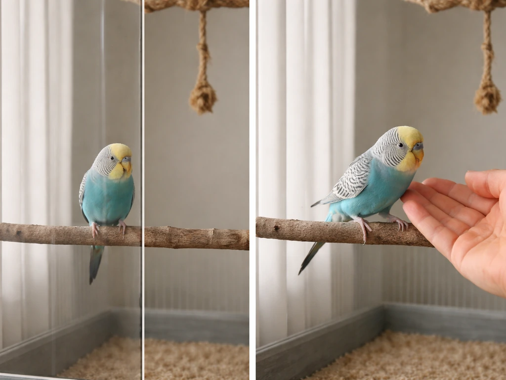 Split image: lonely pet bird behind a divider vs. same bird getting attention from an owner’s hand.