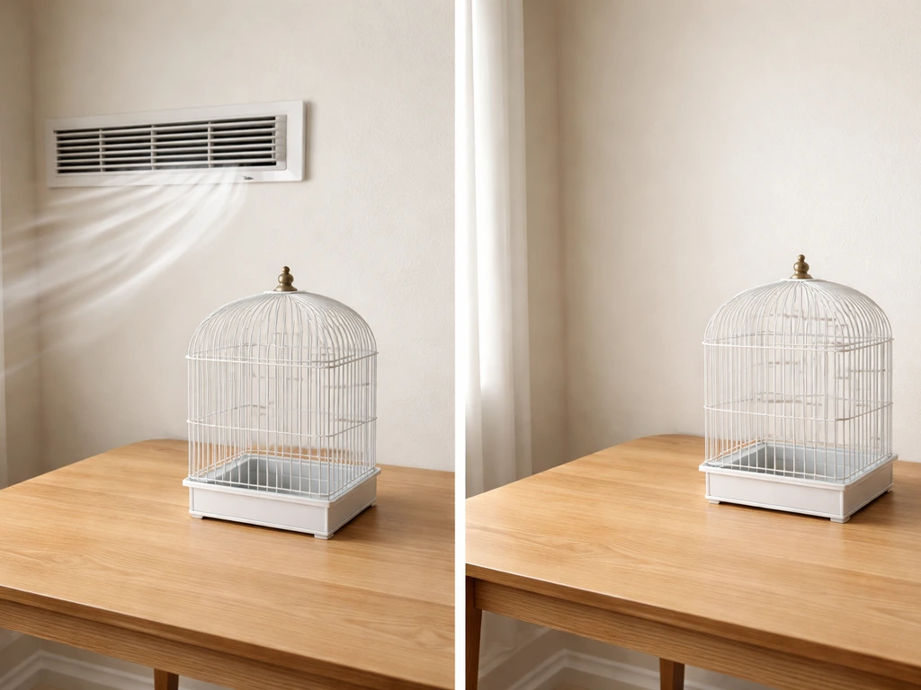 Bird cage near an AC vent with airflow shown, plus a draft-free safer placement nearby.