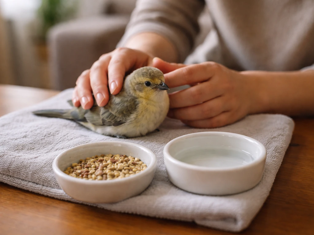 Person’s hands gently check a small pet bird near fresh food and water bowls in a quiet home.