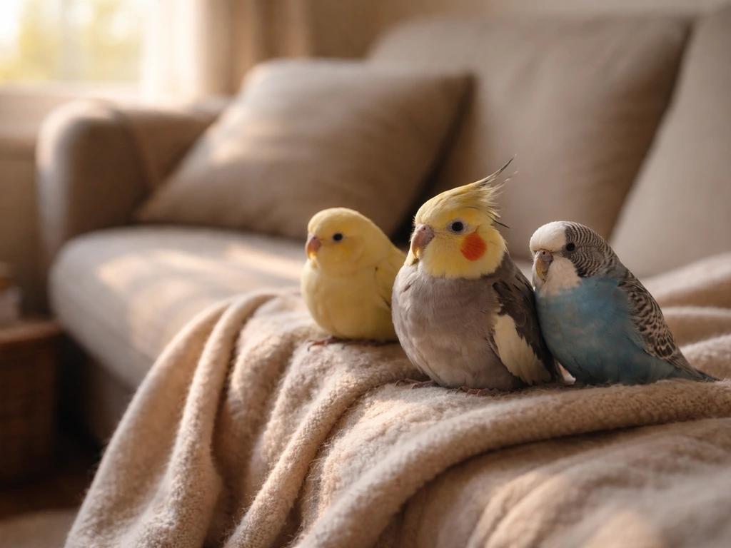 Small pet birds perched close together on a blanket in warm natural light, suggesting flock safety and bonding.