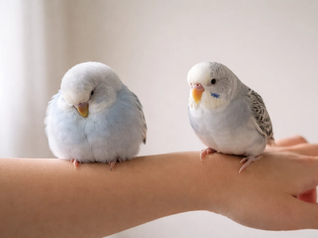 Two small pet birds resting on a person’s arm: one relaxed and fluffed, one tense and hunched.