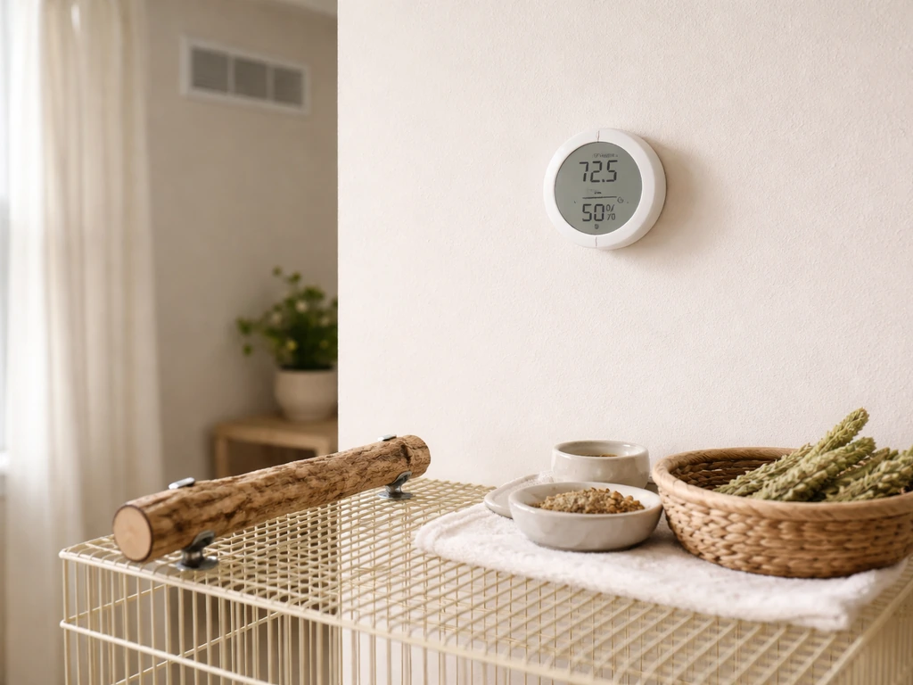 Room thermometer on a wall near a bird-safe perch setup, showing a calm home environment.