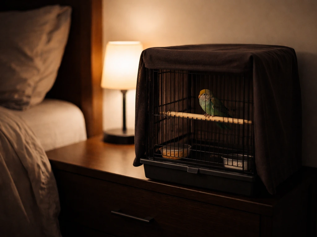 Small bird resting in a secure sleep cage on a bedside table at night