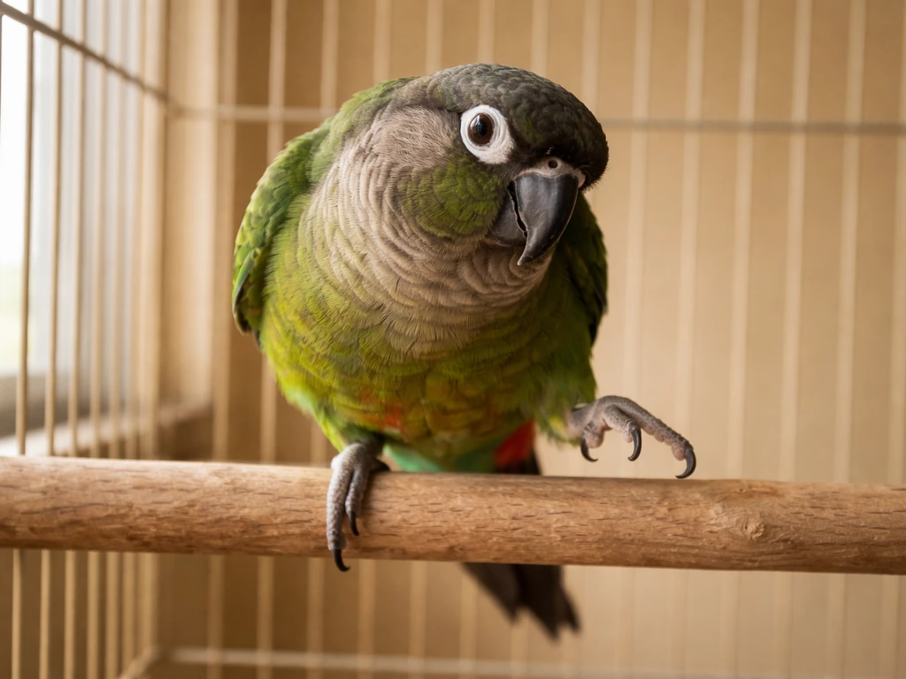Close-up of a parrot on a wooden cage perch with one foot slipping, showing precarious balance.