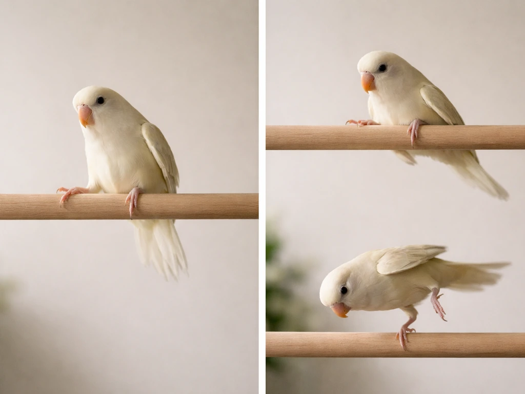 Two panels showing a small bird briefly losing footing then regaining balance on a simple perch