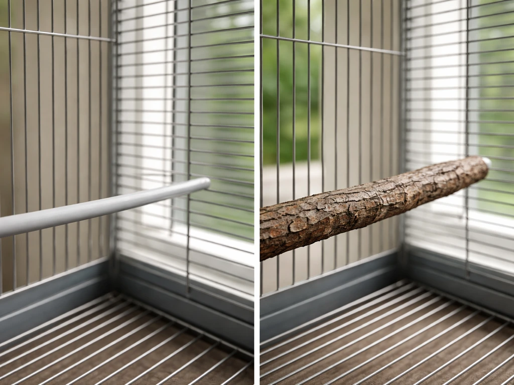 Split view of bird cage perches: an unsafe narrow smooth perch beside a safer textured perch.
