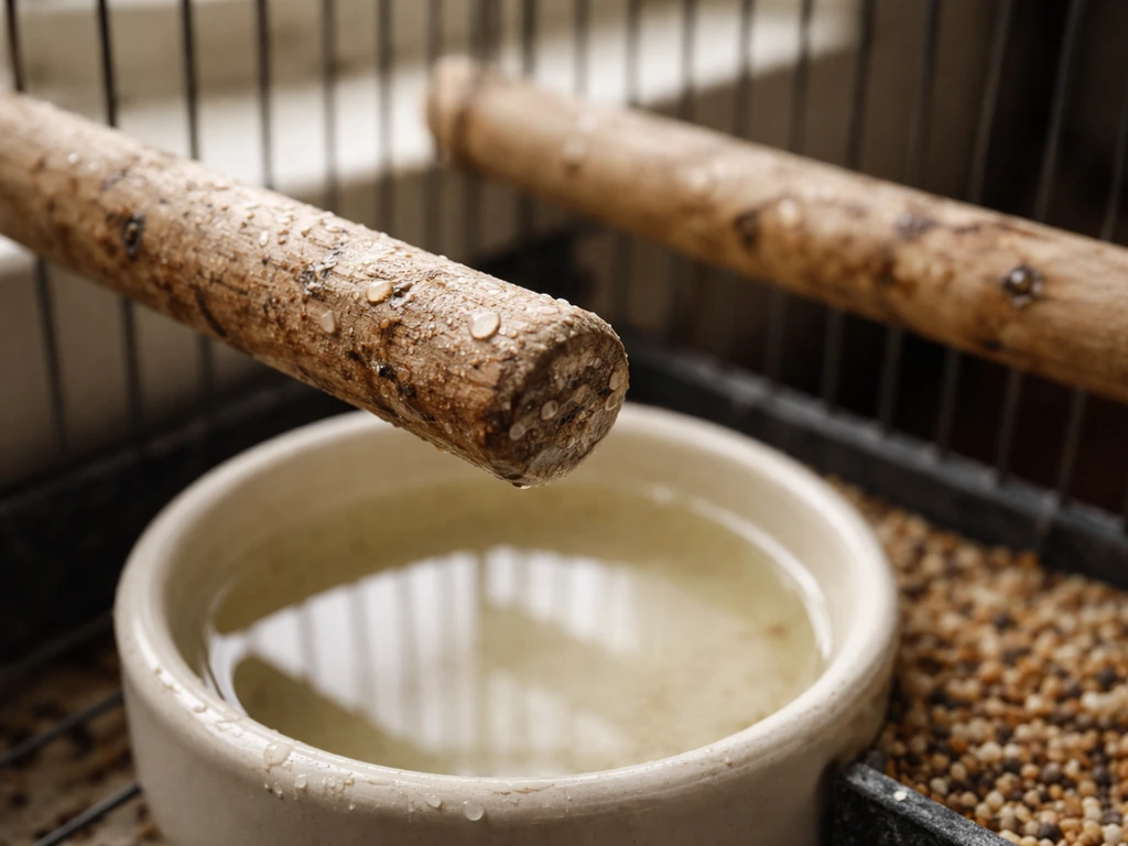 Closeup of bird cage interior with two perches too near water dish, showing droppings residue and slippery texture.