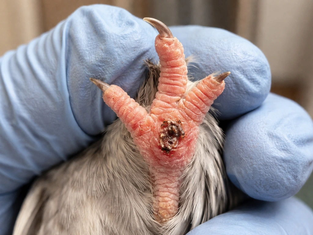 Close-up of a pet bird’s foot showing red, swollen skin on the sole like bumblefoot.